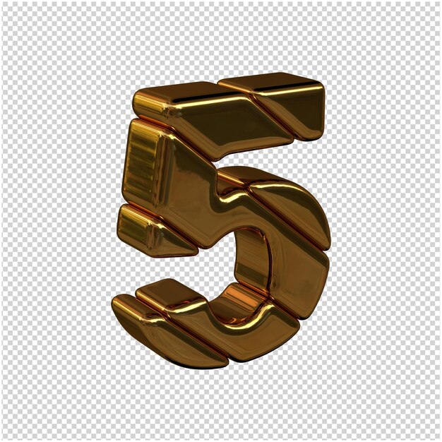 Números hechos de lingotes de oro girados a la derecha sobre un fondo transparente. 3d número 5
