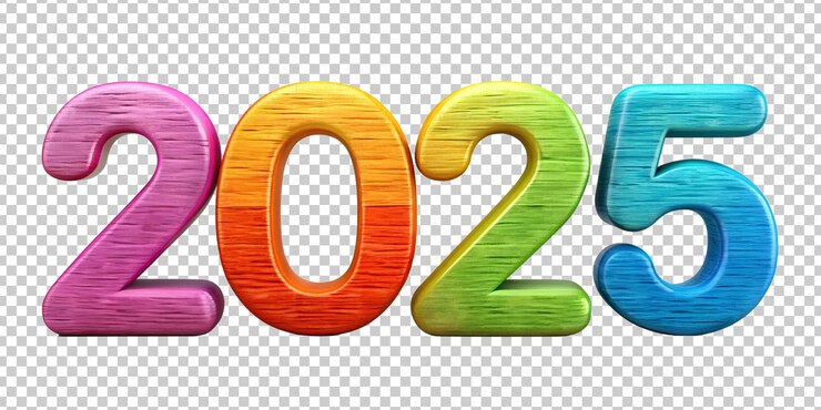 PSD números de madera coloridos que representan el año 2025 en tonos brillantes cortados de forma transparente