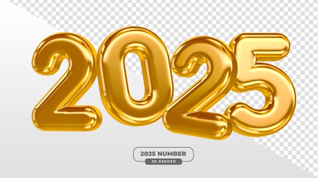 Números de oro 2025 con acabado brillante en 3D Render para temas modernos de Año Nuevo con fondo transparente