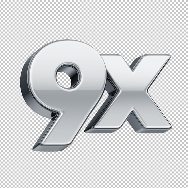 Números plateados en 3D con fondo transparente que representan 9x sin interés