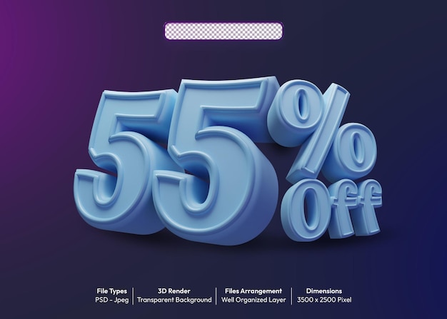 Los números PSD 3D 55% azules separados del fondo