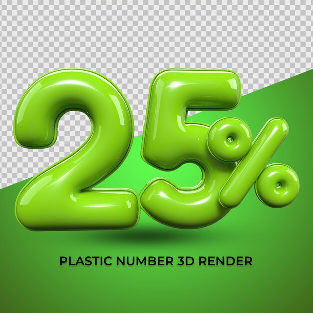 Números de representación 3D porcentaje 25 color verde para descuento, progreso, ventas, diseño de elementos