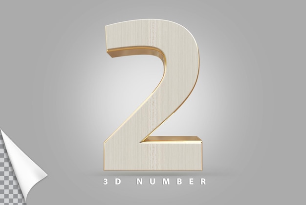 Nummer 2 3D-Rendering golden mit Holzstil