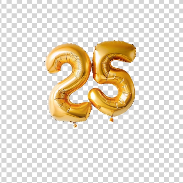 PSD nummer 25 ballon aus goldfolie, isoliert auf durchsichtigem hintergrund heliumballon schriftart