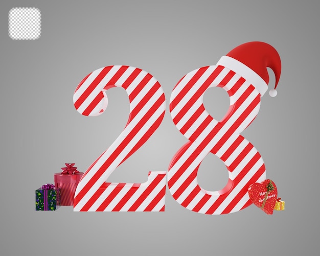 PSD nummer 28 mit roter weihnachtsmütze, 3d-weihnachtsillustration