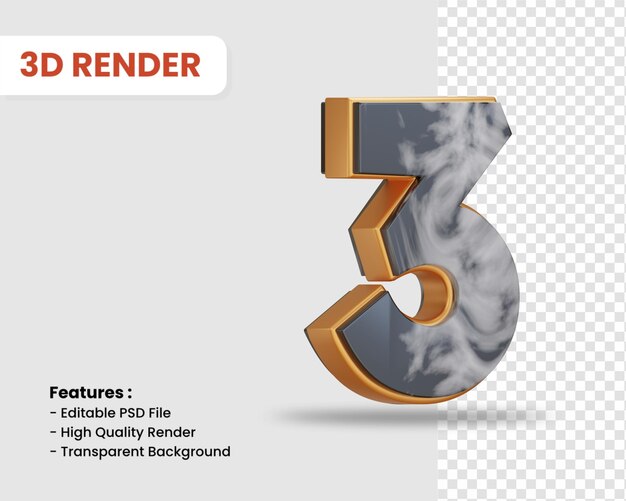 Nummer 3 3D-Render isoliert mit schwarz-weißer Marmorstruktur