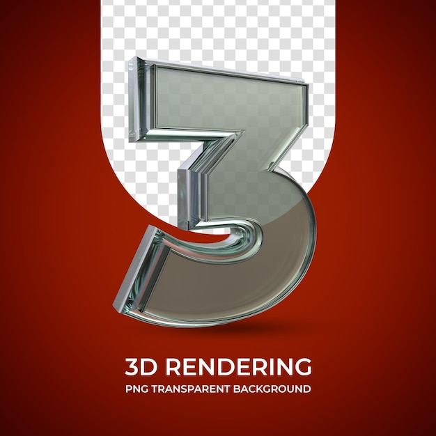 Nummer 3 3D-Rendering isoliert transparenten Hintergrund Glass Style