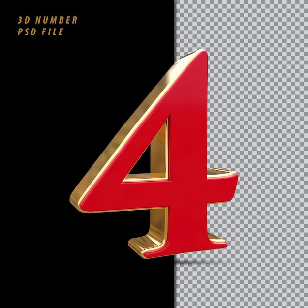 Nummer 4 rot mit goldener 3D-Wiedergabe