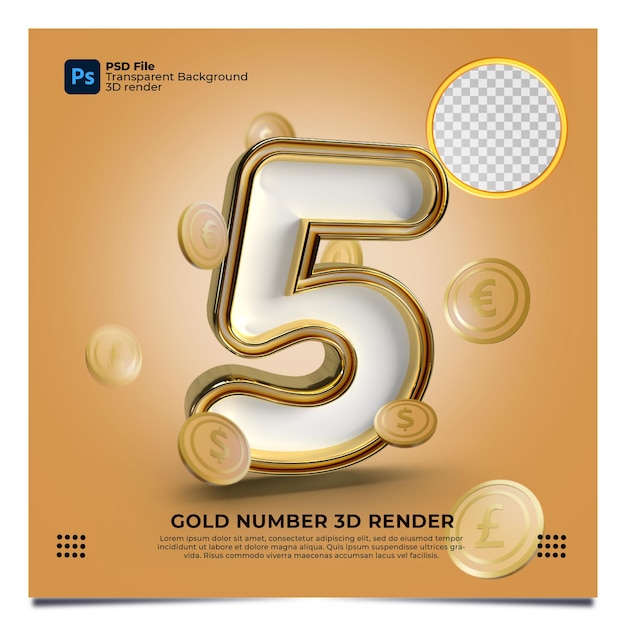 Nummer 5 3d-render-gold-stil mit element