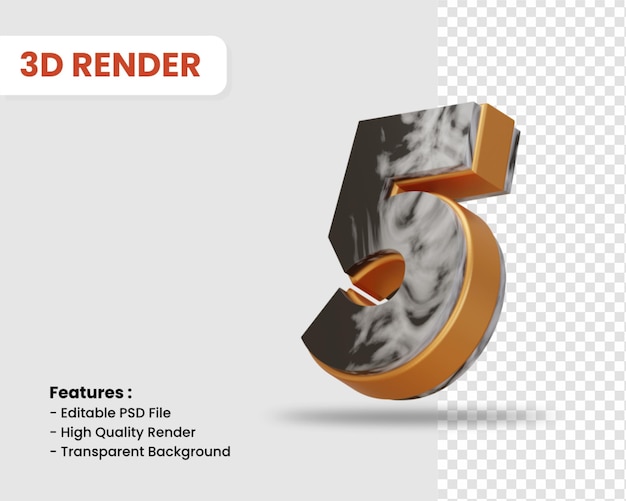 Nummer 5 3D-Render isoliert mit schwarz-weißer Marmorstruktur