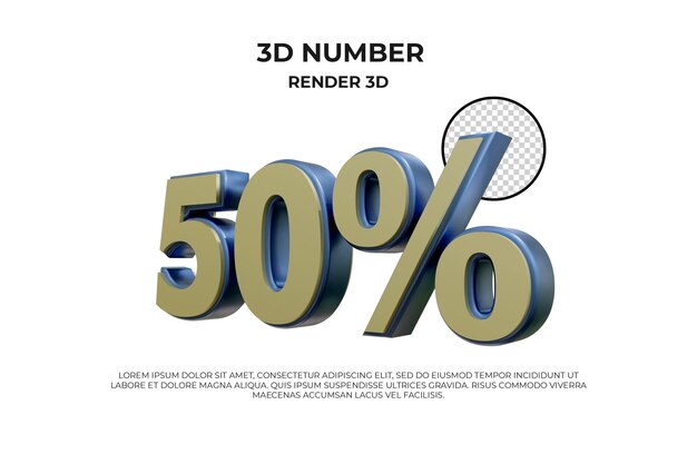 Nummer 50 Prozent 3D-Blau und abgewetzte Goldtextur realistisch rendern
