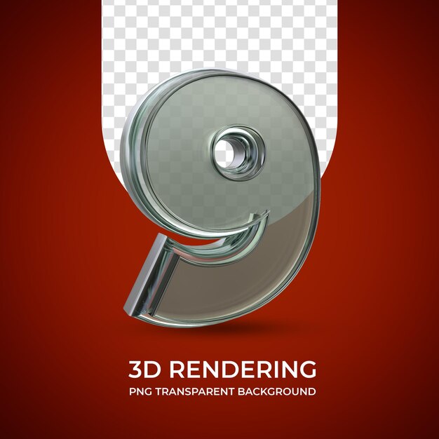 Nummer 9 3D-Rendering isoliert transparenten Hintergrund Glass Style
