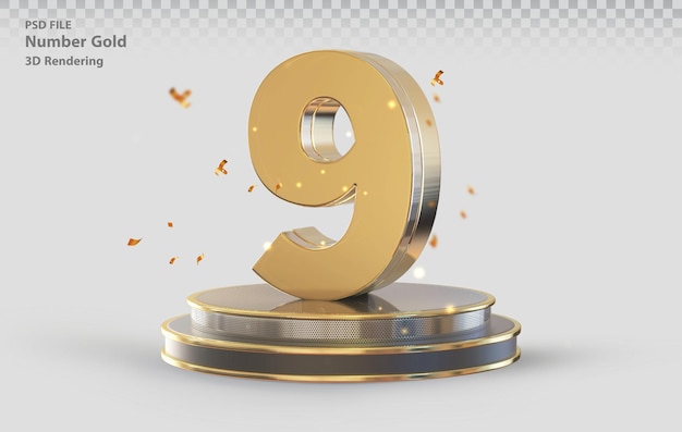 Nummer 9 Gold mit Podest 3d