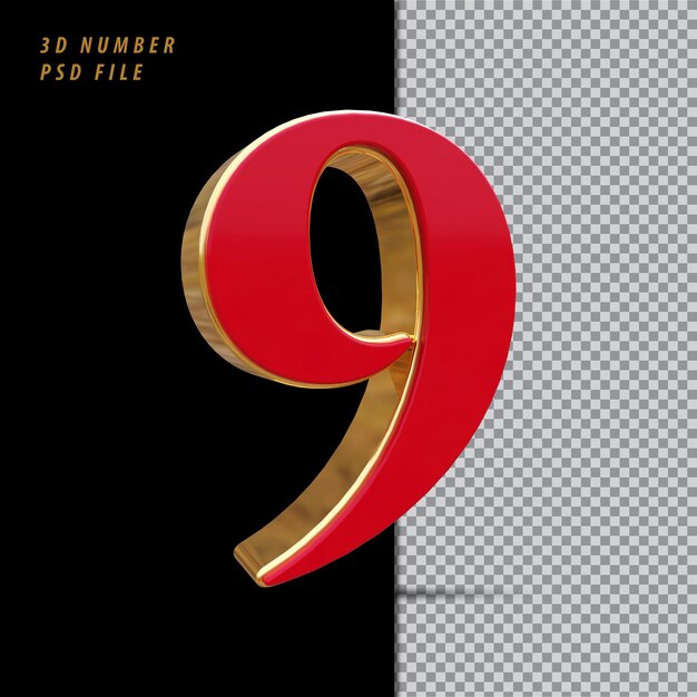 Nummer 9 rot mit goldener 3D-Wiedergabe