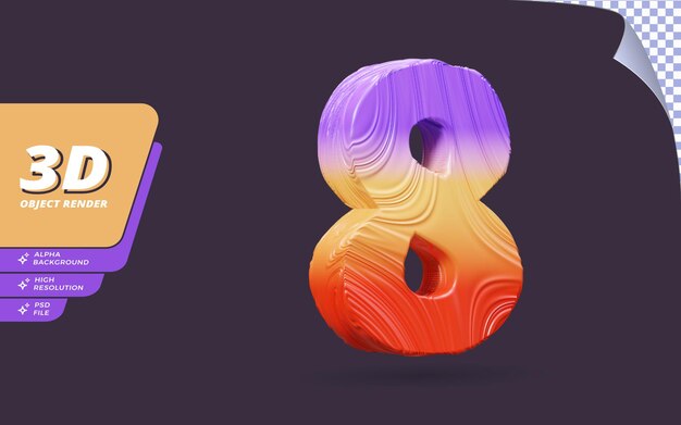 Nummer acht, Nummer 8 in 3D-Render isoliert mit abstrakter Gradiententextur-Designillustration