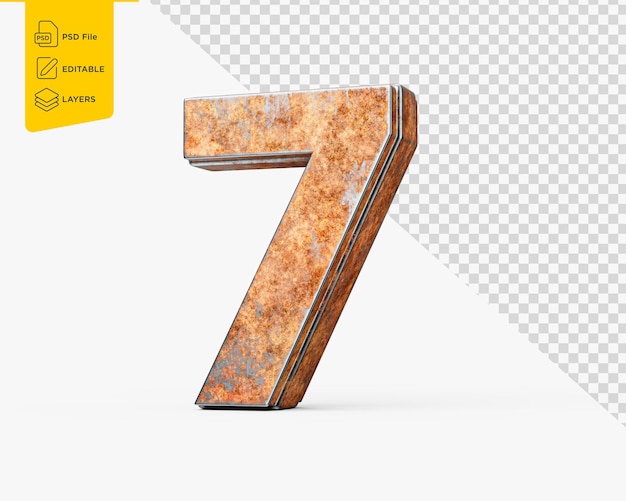 Nummer sieben, sieben Ziffern aus altem, rostigem Eisen, Metall, Textur auf weißem Hintergrund, 3D-Illustration