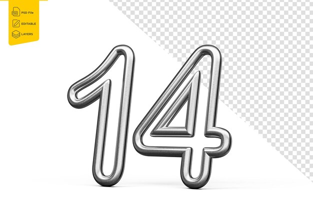 Nummer vierzehn 14 aus Silber, metallischer weißer Hintergrund, 3D-Illustration