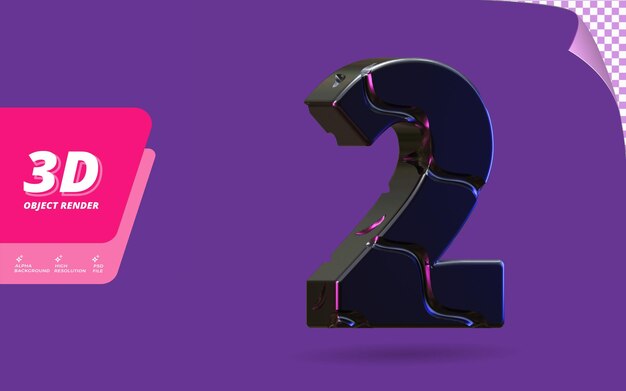 Nummer zwei, Nummer 2 in 3D-Render isoliert mit abstrakter metallischer schwarzer Drahtstruktur-Designillustration