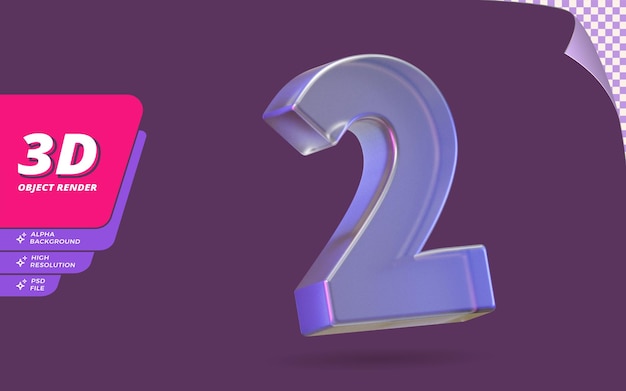 Nummer zwei, Nummer 2 in 3D-Rendering isoliert mit abstrakter metallischer Glaskristallstruktur-Designillustration