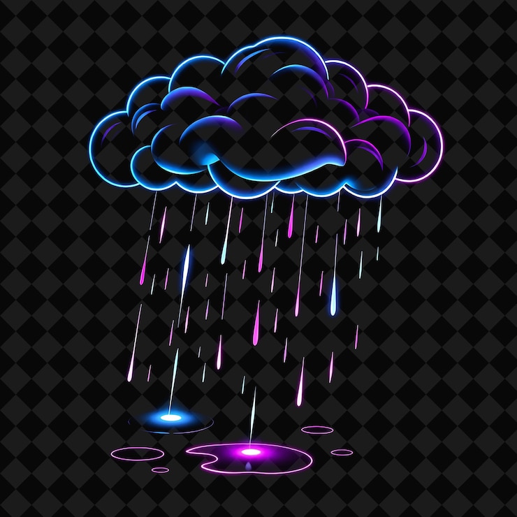 PSD nuvem de chuva de néon com gotas estriadas luz em cascata e poças brilhantes tons de néon de azul púrpura