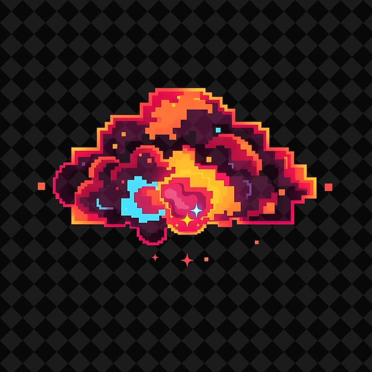 PSD nuvem de pixels com formas de blocos bordas digitais e artefatos de 8 bits tons de néon de vermelho azul e amarelo