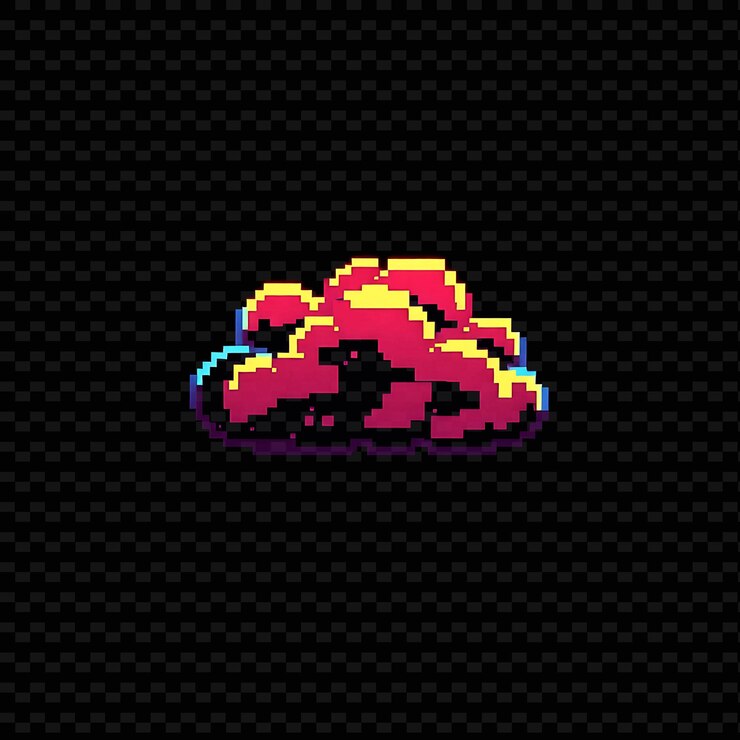 PSD nuvem de pixels com formas em blocos, bordas digitais e artefatos de 8 bits, tons de néon _isolated_neon_object