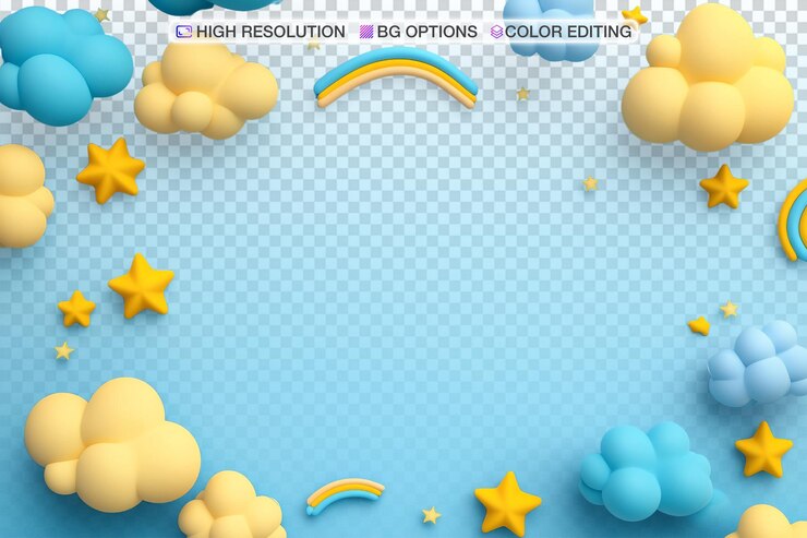 PSD nuvens coloridas e estrelas com arco-íris de desenho animado