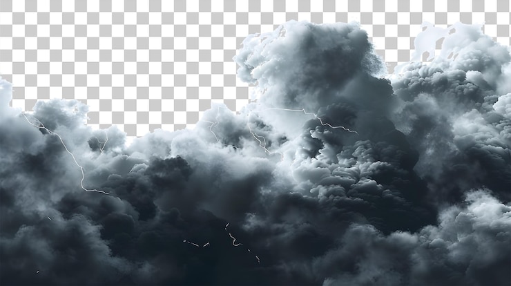 PSD nuvens de tempestade dramáticas com relâmpagos isolados em fundo transparente