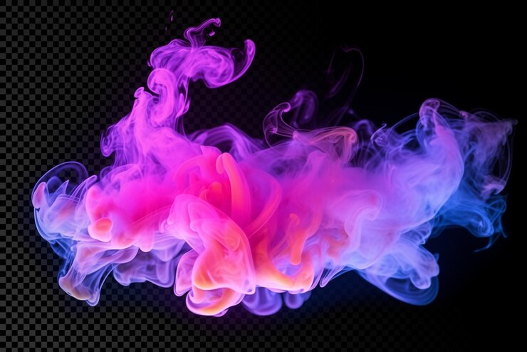PSD nuvola di fumo al neon con movimenti vorticosi e morbide texture ondulate su uno sfondo trasparente