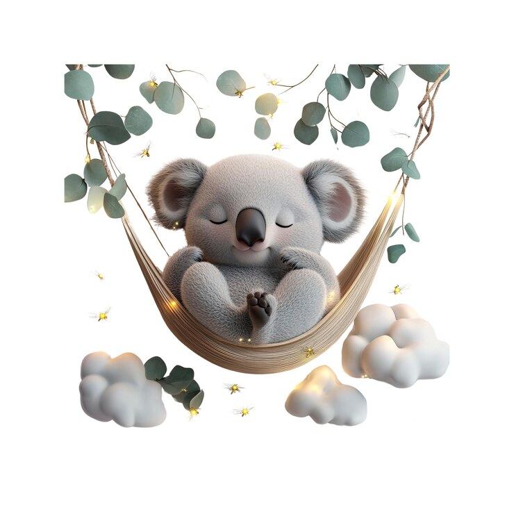 PSD o adorável urso koala dormindo pacificamente em uma hamaca cercado de vaga-lumes e nuvens