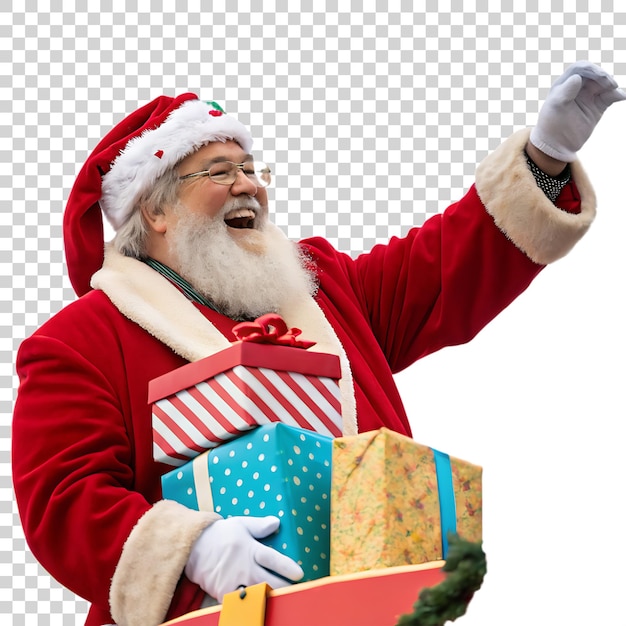 O alegre Papai Noel segurando presentes isolado em fundo transparente para desenhos de Natal