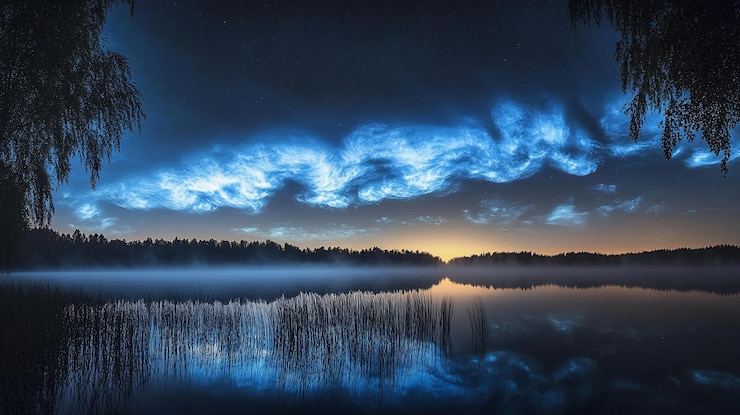 PSD o amanhecer sereno do lago com nuvens etéreas refletindo-se na água quieta emoldurada por silhuetas de árvores