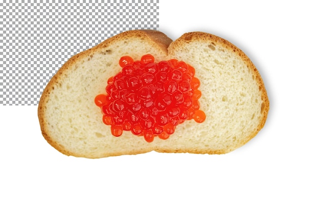 O caviar vermelho emitido encontra-se num pedaço de pão branco Isolamento sobre um fundo transparente