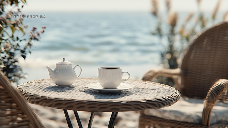 PSD o chá é servido numa mesa de vime na praia.