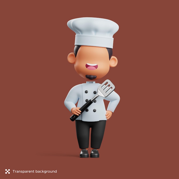PSD o chef 3d está feliz segurando uma espátula de aço inoxidável. ilustração de personagem fofa