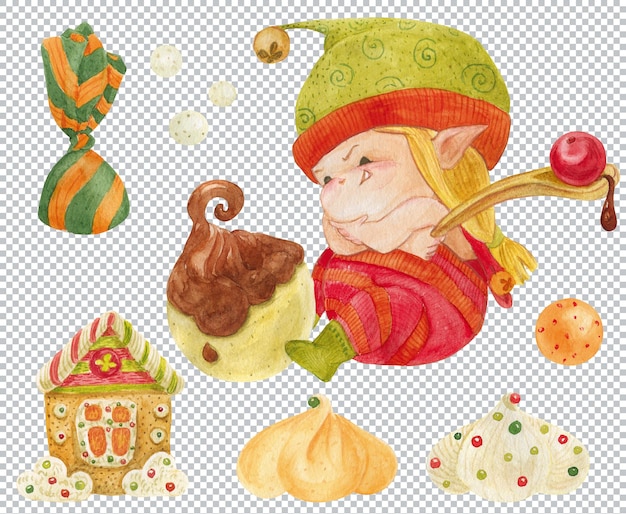 O chef confeiteiro elfo faz doces de natal. elementos gráficos em aquarela, ilustração em camadas