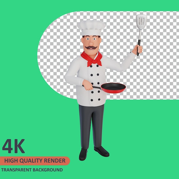 O chef está trazendo utensílios de cozinha renderização em 3d de modelagem de personagens
