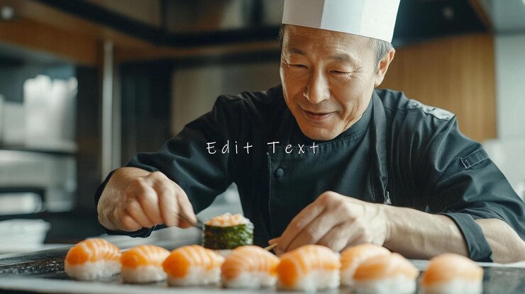 PSD o chefe asiático está a preparar meticulosamente o sushi.