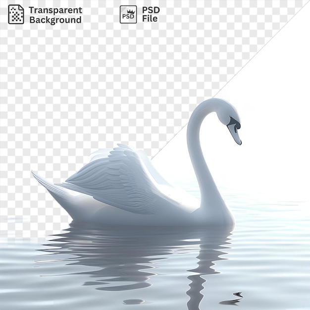 PSD o cisne animado em 3d desliza graciosamente sobre a água sob um céu branco com seu pescoço longo e bico preto visíveis criando um reflexo sereno.