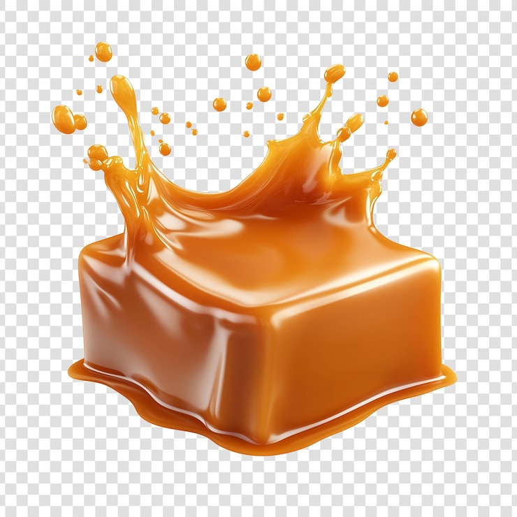 PSD o cubo de caramelo brilhante experimenta um exquisito salpico criando um salpico em fundo transparente