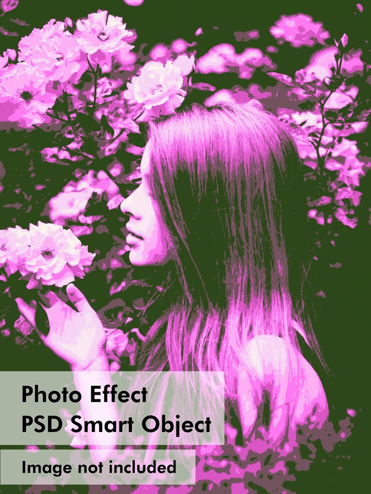 PSD o efeito de foto posterizada do filtro psd smart object photo é mostrado uma garota com flores em primeiro plano