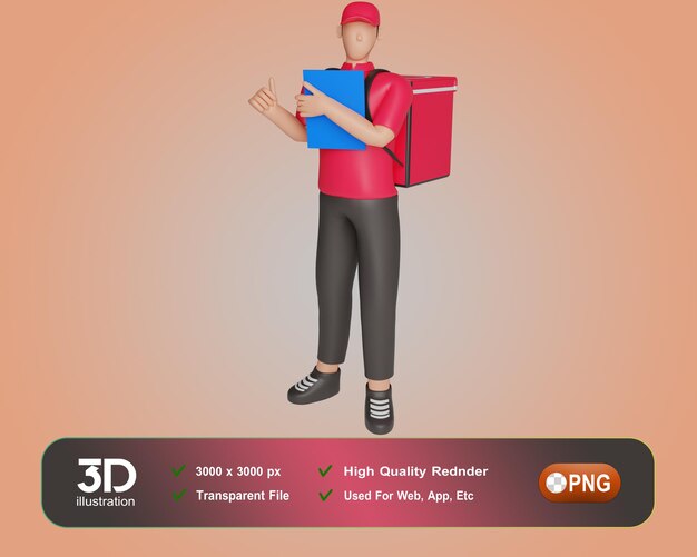 O entregador de uniforme vermelho fica com a ilustração 3d de saco grande personagem de desenho animado