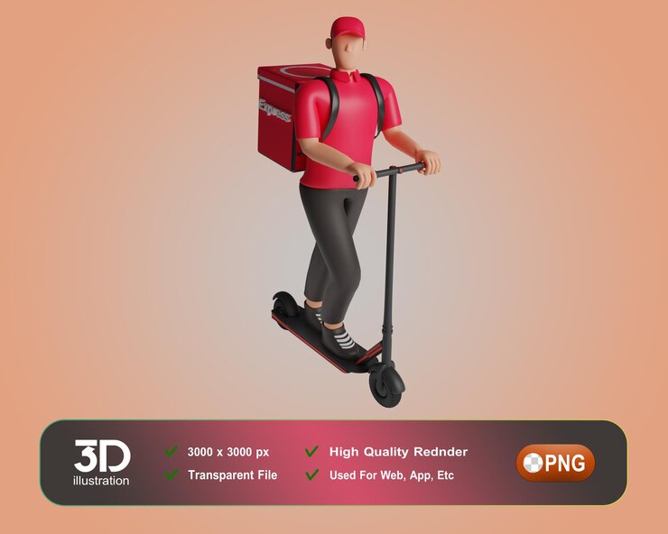 PSD o entregador de uniforme vermelho fica com a ilustração 3d de saco grande personagem de desenho animado