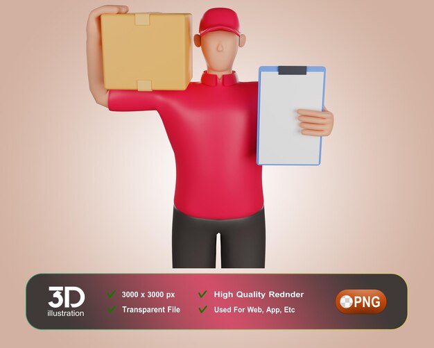 PSD o entregador de uniforme vermelho fica com a ilustração 3d de saco grande personagem de desenho animado