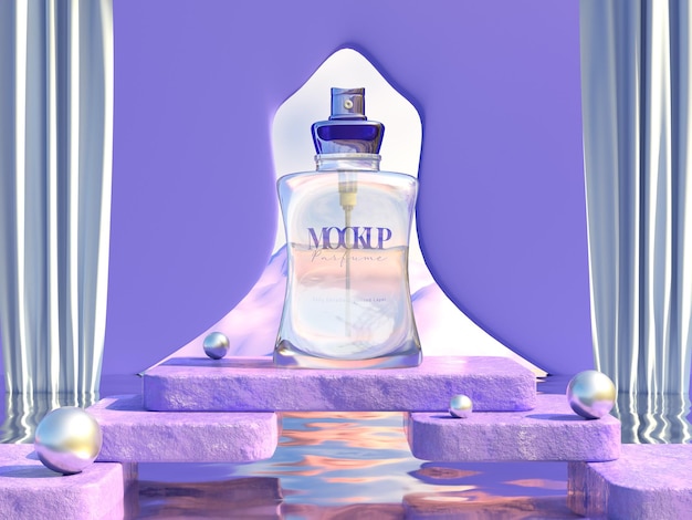 O frasco de renderização psd 3d de maquete de perfume está em um pedestal com portão roxo e espelho d'água