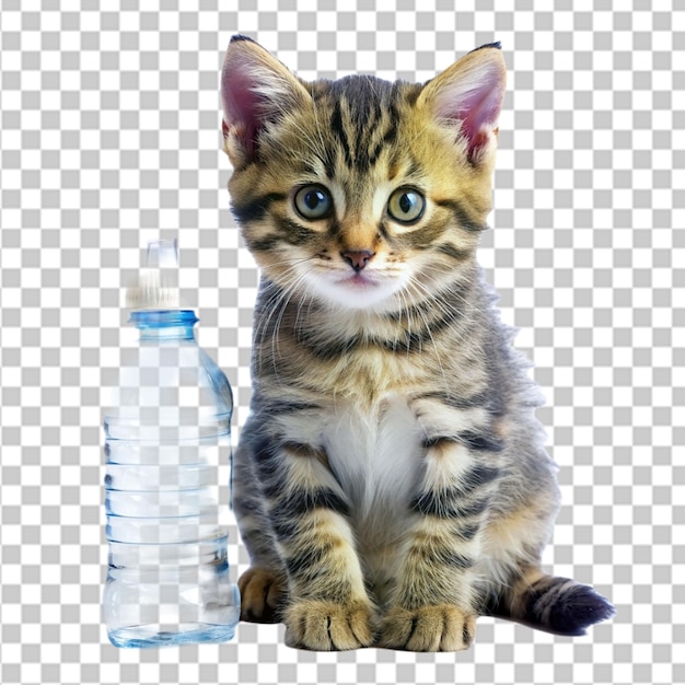 PSD o gato bebê e a garrafa de água em fundo transparente