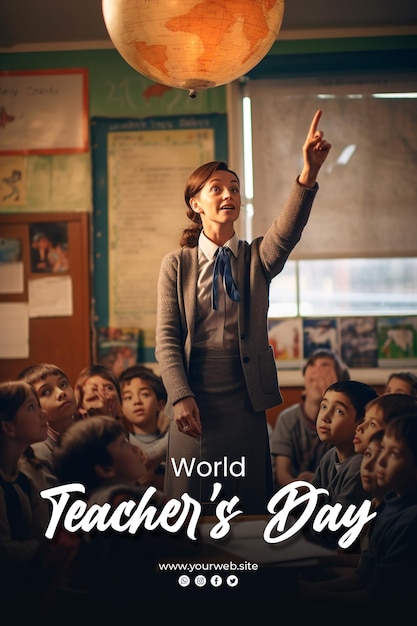 O histórico do dia mundial dos professores e o professor ficam no centro de uma sala de aula tradicional