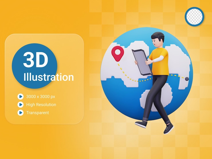 PSD o homem 3d está olhando para um local em uma ilustração do mapa