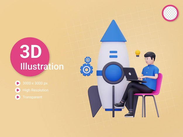 o homem 3d está trabalhando na ilustração da ideia de inicialização