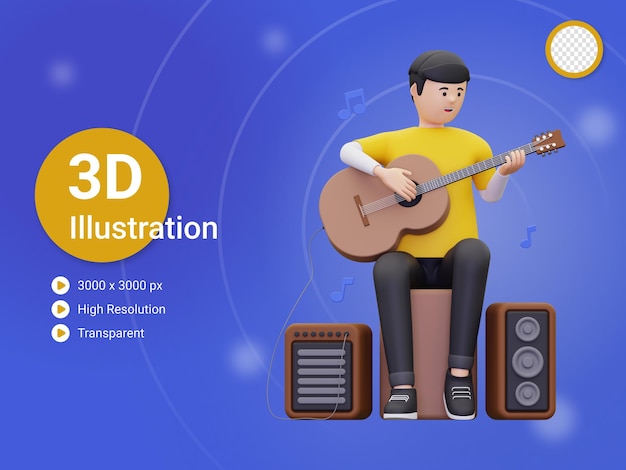 O homem 3d senta-se ao jogar uma ilustração da guitarra acústica